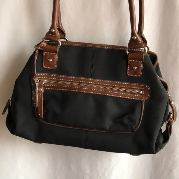 Chaps black nylon bag with brown trim, silver-tone hardware - Picture 1 of 7